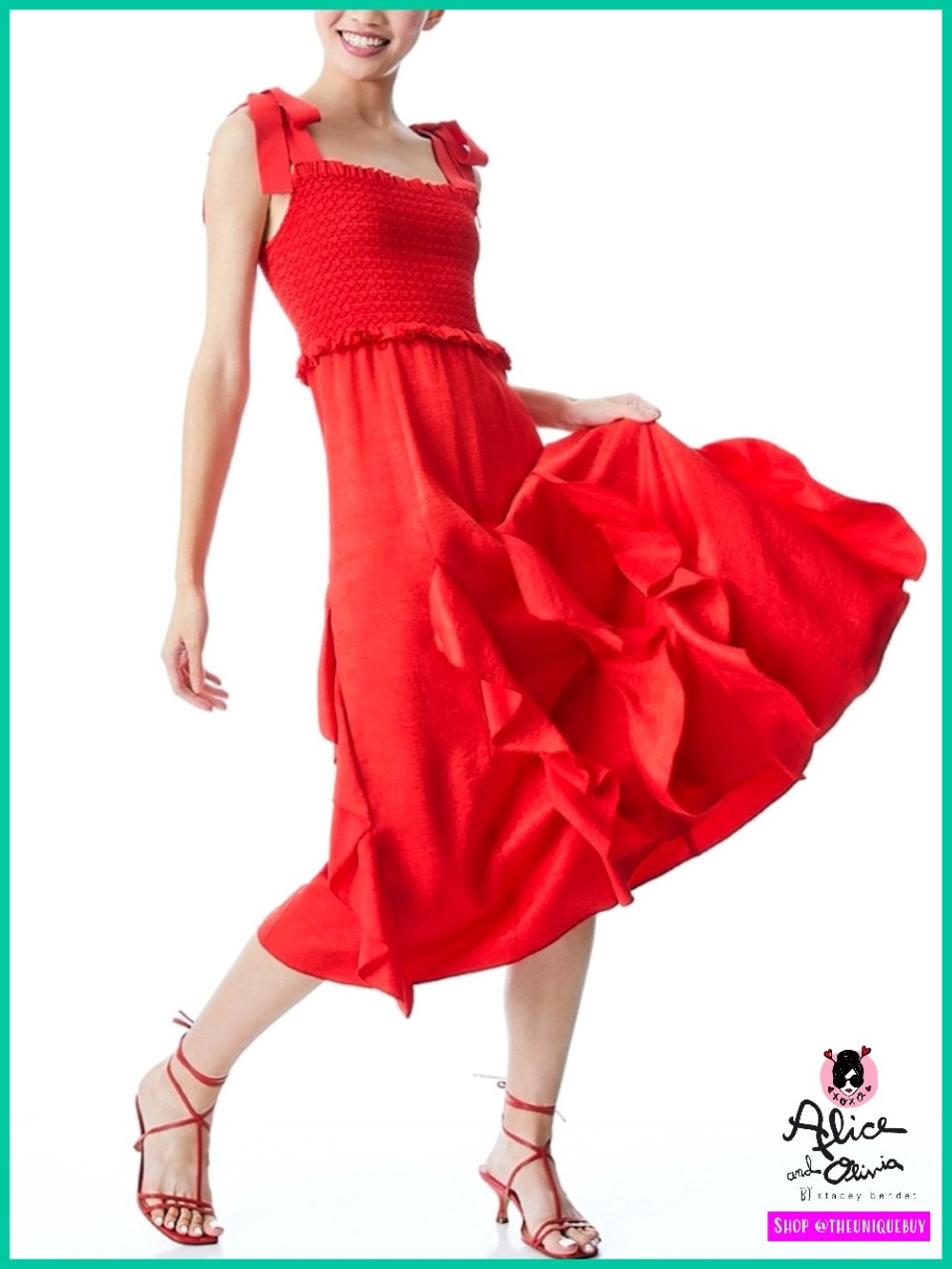 Alice + Olivia Jocelyn Bold Poppy Red Tie Shoulder Ruffle Dress